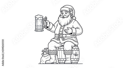 Bild auf Leinwand Santa Claus Cheers with Beer Mug Sitting on Barrel with Gift Bag