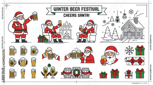 Schilderij op canvas Santa Claus with Beer, Christmas Winter Festival Vector Illustration Set