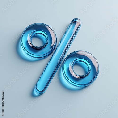 Transparent Blue Glass Percentage Symbol on Light Blue Background.