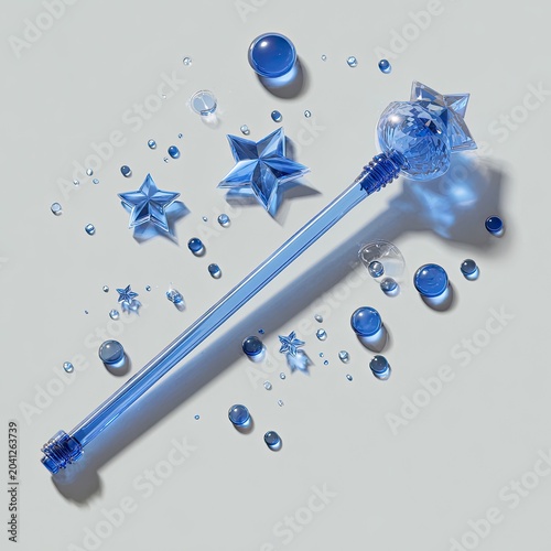 Magical Blue Star Wand with Water Droplets Scattered Around.
