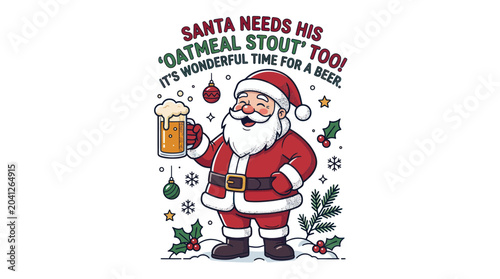 Schilderij op canvas Santa Claus holding a beer mug, Christmas celebration, festive holiday design