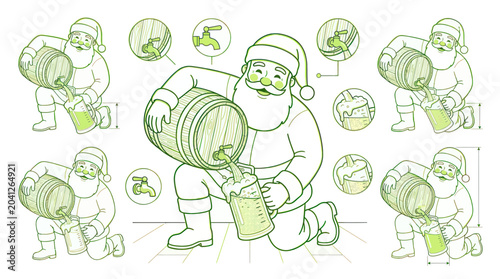 Tableau sur toile Santa Claus Pouring Drink from Barrel, Christmas Holiday Illustration