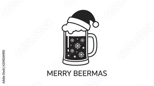 Schilderij op canvas Festive Beer Mug with Santa Hat and Snowflakes - Merry Beermas