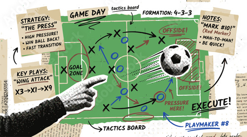Schilderij op canvas Soccer tactics board with hand drawn football strategy, coach pointing at game d
