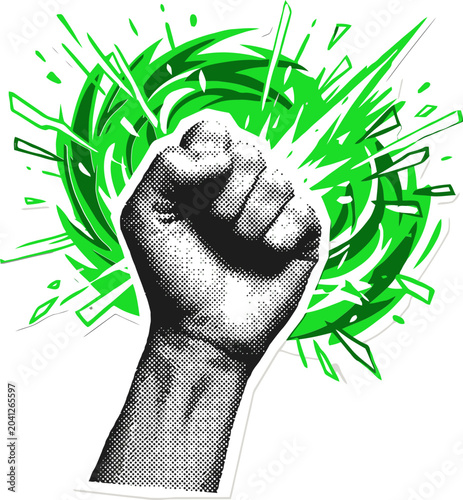 Canvas Print Halftone raised fist vector, powerful revolution hand gesture with green energy