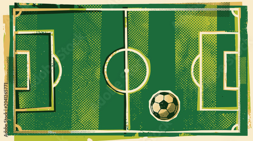 Foto Vintage soccer field vector illustration, retro football pitch with halftone tex