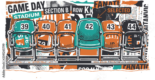 Foto Vintage stadium seats collage, game day sports ticket background, retro arena se