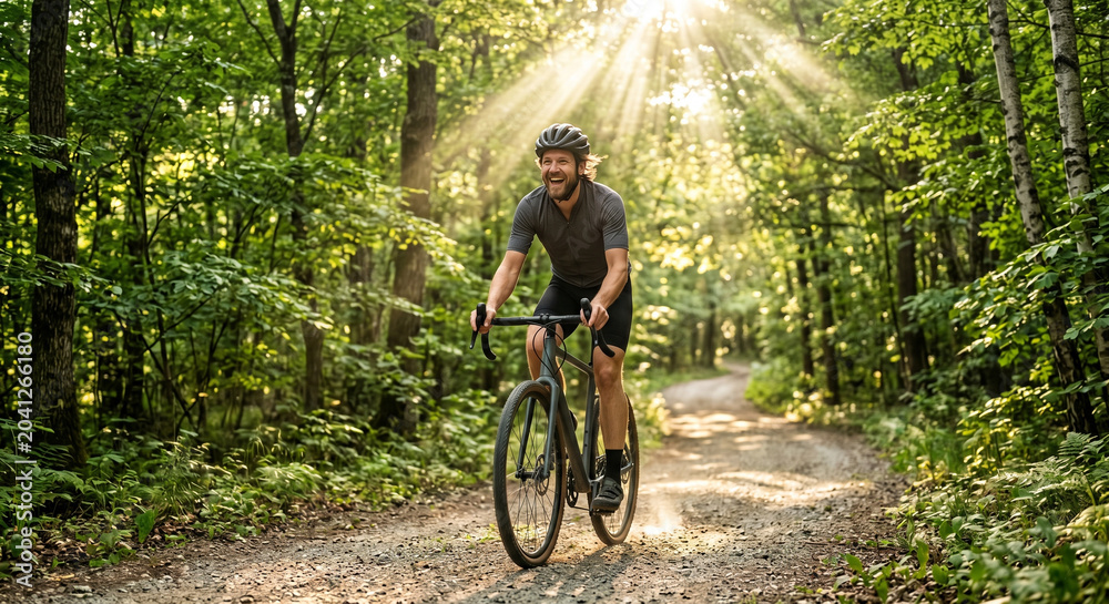 Naklejka premium A dynamic photograph of a person happily riding a bicycle along a tree-lined path in the summer. Sun rays breaking through the leaves. Free and energetic.