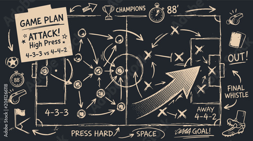 Tableau sur toile Soccer game plan chalkboard illustration, football strategy board with attack hi
