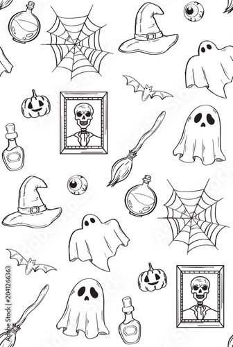 Halloween seamless pattern with spooky characters in vintage frames, rococo, gothic design endless texture. vector background