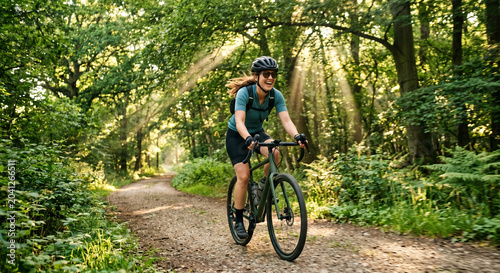 A dynamic photograph of a person happily riding a bicycle along a tree-lined path in the summer. Sun rays breaking through the leaves. Free and energetic.