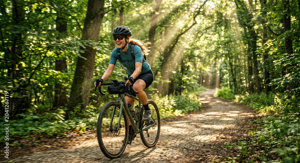 Fototapeta premium A dynamic photograph of a person happily riding a bicycle along a tree-lined path in the summer. Sun rays breaking through the leaves. Free and energetic.