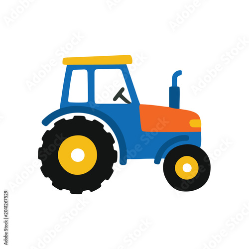 Cute cartoon blue farm tractor flat vector illustration