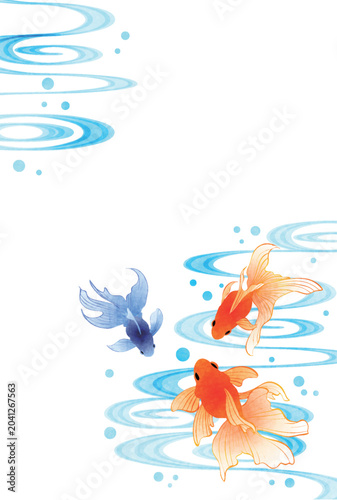 Schilderij op canvas 暑中見舞いはがき、金魚、流水、縦、和風