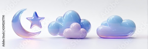 3D rendering of a crescent moon with a star and fluffy clouds in pastel colors.