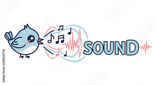 Cute bird singing, sound waves, music notes, and waveform