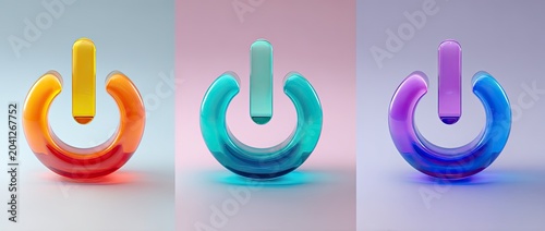 Three glowing power buttons in different vibrant colors, symbolizing energy and technology.