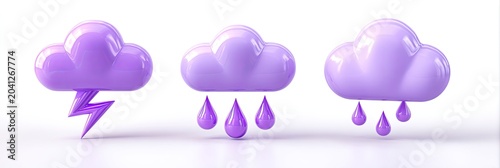 Three Purple 3D Clouds with Weather Icons - Lightning and Raindrops.