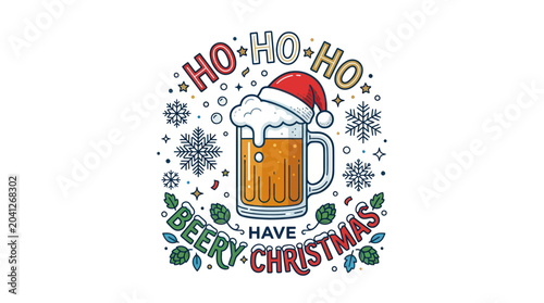 Schilderij op canvas Funny Beery Christmas Beer Mug with Santa Hat and Snowflakes