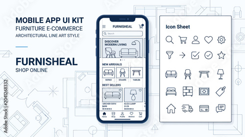 Mobile App UI Kit for Furniture E-commerce: Architectural Line Art Style