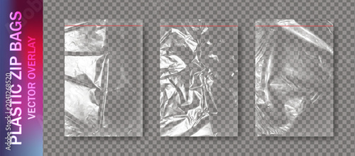 Foto Realistic set of transparent plastic polyethylene zip bags overlay with shadows