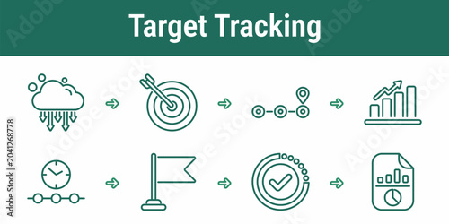 Tableau sur toile Target tracking workflow icons with emissions baseline goal setting route milest