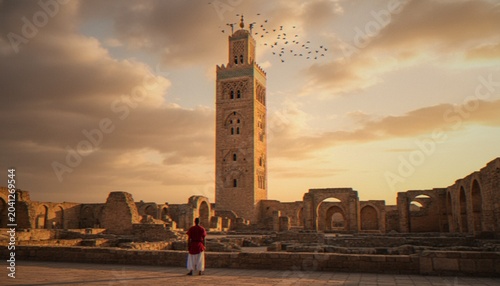Obraz na płótnie A man in traditional Moroccan attire stands before the historic Hassan Tower in Rabat at sunset, with a flock of birds circling above against a warm, dramatic sky
