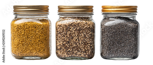 Three mason jars filled with assorted dry grains and seeds isolated on a transparent background side view studio shot for culinary ingredient storage and professional healthy pantry