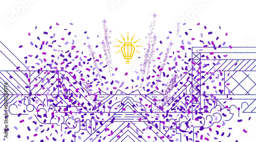 Tableau sur toile Confetti Celebration with Lantern and Abstract Cityscape