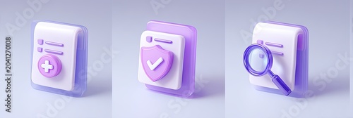 Three 3D Icons Representing Document Security, Verification, and Search Functions.