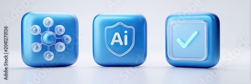 Three blue digital icons representing AI security, molecular structure, and a checkmark for verification.