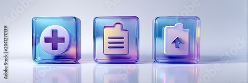 Three translucent glass cubes with icons for add, document, and upload.