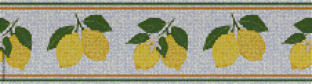 Fototapeta premium Mediterranean lemon mosaic border seamless pattern vector. Greek style tile mosaic ornament with yellow citrus fruit branch for summer wedding design layout.