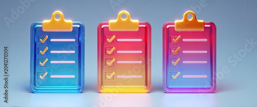 Three Colorful Clipboards with Checklists Displayed in a Row.