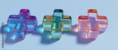 Three translucent plus-shaped objects in different colors on a blue background.
