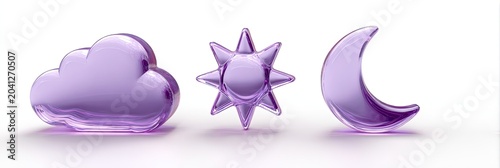 Three translucent purple glass celestial objects - cloud, sun, and moon, isolated on a white background.
