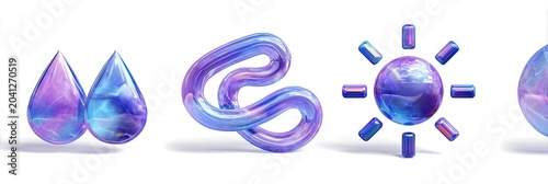 Abstract Blue and Purple Swirls, Drops, and Sun Icons on White Background.