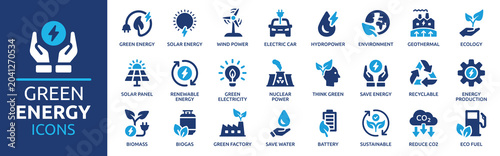 Bild auf Leinwand Eco-friendly green energy icons representing renewable sources like solar, wind,