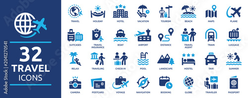 Canvastavla Collection of 32 blue travel icons with a globe and airplane, representing vario