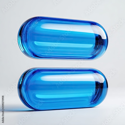 Two Transparent Blue Gel Capsules Floating Against a Light Gray Background.