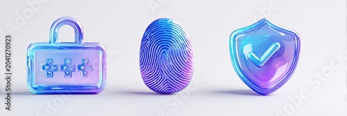 Digital Security Icons - Padlock, Fingerprint, and Shield with Checkmark.
