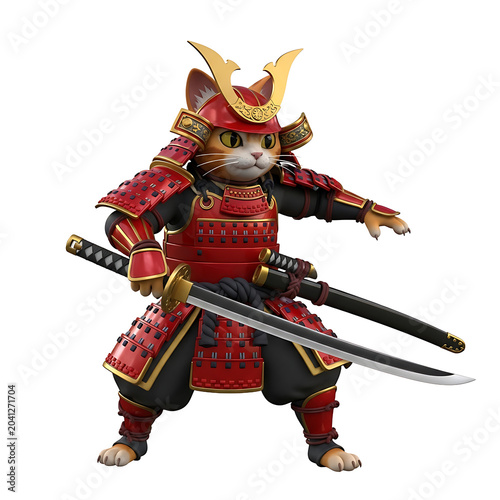 Feline Samurai Warrior with Katana and Wakizashi, Ready for Action
