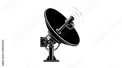 Bild auf Leinwand A black satellite dish antenna with a signal emission design element on a white background, showcasing a technical communication device in a simple graphic style