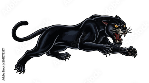 Bild auf Leinwand Aggressive Black Panther Roaring, Dynamic Pose, Tattoo Style Illustration