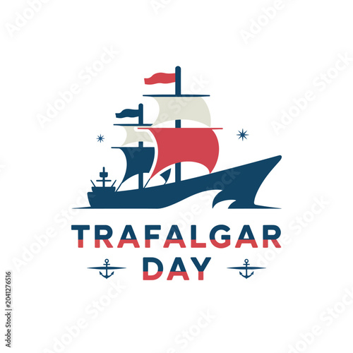 Konstfotografi Trafalgar Day emblem with a blue sailing ship, red and white sails, and two anch