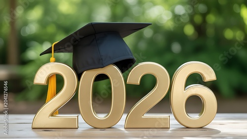 Graduation cap on wooden 2026 numbers outdoors