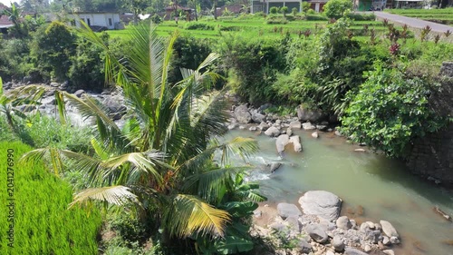 Scenic view featuring a tranquil waterway surrounded by lush greenery and a village backdrop