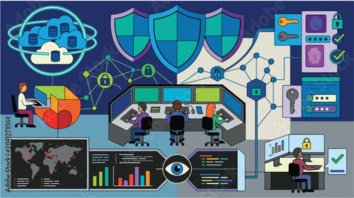 Cybersecurity Operations Center Monitoring Digital Security and Data Protection