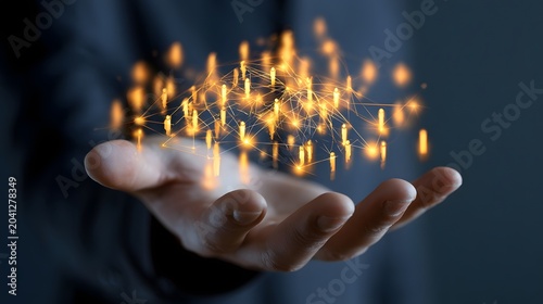 Hand holding glowing network of people connections and data points