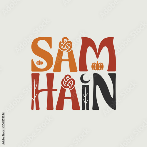 Tableau sur toile Samhain typography with pumpkin, crescent moon, and celtic knot in orange, red,
